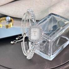 1 pièce Montre à quartz analogique de petite taille pour femme avec double rang de cristaux, chaîne de tirage, échelle numérique arabe, à la mode