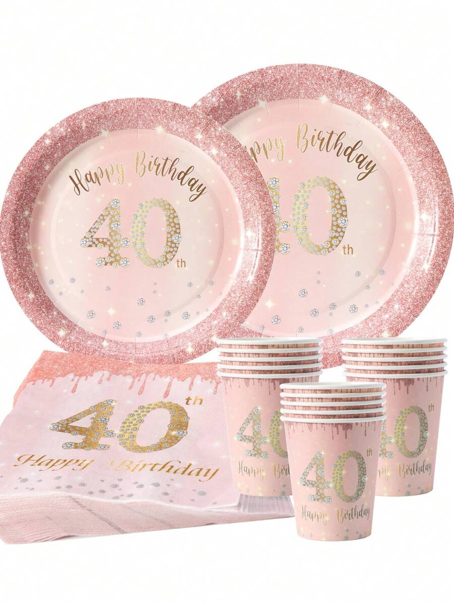 Set de 40 piezas de platos, servilletas y vasos de color rosa y dorado para fiesta de 40 cumpleaños, sirve a 25 invitados, vajilla desechable de papel para cumpleaños, boda, fiesta familiar, picnic - Multicolor - Ver 1