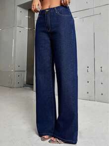 Pantalones Anchos de Denim Azul Elegantes para Mujer Hansuman - Cintura Alta, Corte Recto con Bolsillos Diagonales, Mezcla, Lavables a Máquina, Estilo para Todas las Estaciones - Azul Marino - Ver 1