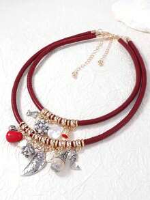 1pc European & American Style Handmade Luxurious Geometric Leaf & Fish Pendant PU Leather Rope Multi-Layer Necklace For Women, Elegant Design - Layered Necklace - View 3