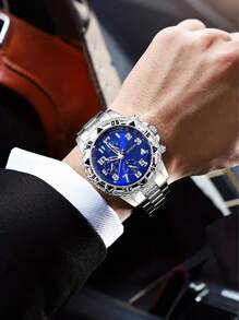 High-End Large Dial 3-Eye Steel Strap Men's Watch With Blue Sapphire Glass, Round Dial