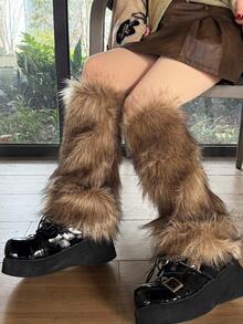 1 paire de jambières en fausse fourrure marron, couleur unie, style Y2K, toutes saisons, douillettes