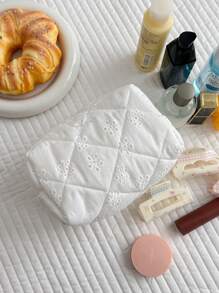 Bolsa de maquillaje de encaje blanco con lazo patrón,neceser de viaje organizador con cremallera, bolsa de cosméticos acolchada, bolso de maquillaje plegable y elegante para brochas, bolsa de cosméticos estética como regalo.