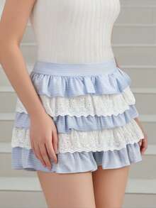Women's Plaid Print Mini Skirts High Waist Lace Patchwork A-Line Skirts Layered Ruffle Skirts - Biru - View 4