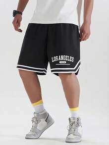 男童休闲运动短裤 - 时尚涤纶篮球短裤，带口袋，黑色带白色“洛杉矶”字样，宽松版型，适合户外运动和日常穿着，时尚运动装 | 耐用面料 - 黑色 - 查看 1