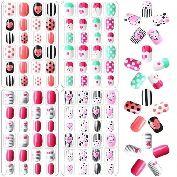 JANYUN 96 Pcs Kids False Nails - Press On, Full Cover, Short Nails In Blue Theme For Little Girls' Nail Art Decoration