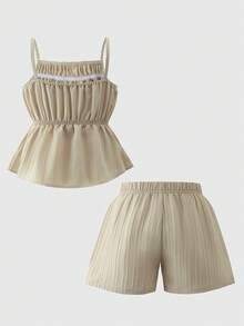 2pcs Girls Pearl Trim Shorts And Camisole Set, Casual Summer Outfit - Beige - View 2