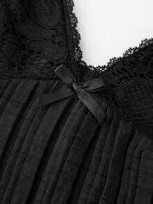 Women's Pleated Camisole Mini Bowknot Front Spaghetti Strap V-Neck Lace Cropped Tops - 黑色 - 查看 7