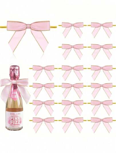 50/100pcs Gold Edge Mini Ribbon Bows, Pink Twist Tie Bows, DIY Satin Ribbon Bow Pre-Tied Gift Bows, For Gift Wrapping, Party Favors Champagne Bottle Cake Decorations, Baked Goods Cookies Bag Decorations, Bridal Shower Mother's Day Birthday Party Decoration,4th Of July Decor
