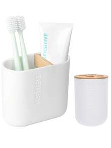 1pc Toothbrush Holder With Bamboo Partition, Detachable For Easy Cleaning, Multifunctional Storage, 2 Slots For Electric Toothbrush And Toothpaste Storage Box, Suitable For Bathroom Vanity, Sink, Countertop (White) Bathroom Decor Fall Decor Back To School - Multicolor - View 2