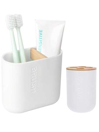1 pieza Soporte para cepillo de dientes con partición de bambú, desmontable para una fácil limpieza, almacenamiento multifuncional, 2 ranuras para cepillo de dientes eléctrico y caja de almacenamiento de pasta de dientes, adecuado para tocador de baño, lavabo, encimera (Blanco) Decoración de baño, Decoración de otoño, Regreso a clases