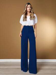 Women's Tailored Wide Leg Pants Wile Leg Elegant Fashion - 藏蓝色 - 查看 1