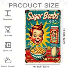 1 pieza Letrero de hojalata vintage "Fallout 3" Sugar Bomb Cereal - Decoración de pared de estilo granja, apto para el hogar, dormitorio, sala de estar | Estilo retro, sin necesidad de electricidad, placa de metal duradera con logotipo clásico e ilustración de un niño alegre, decoración de estilo universitario, perfecta para decoración de habitación, estilo de agujero aleatorio - Multicolor - Ver 5