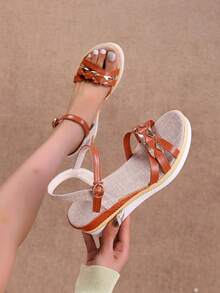 2025 Plus Size Roman Style Open Toe Solid Color Round Toe Strap Ankle-Strap Platform Wedge Sandals, Suitable For Weddings, Office, Outdoor In Summer - Brown - View 8