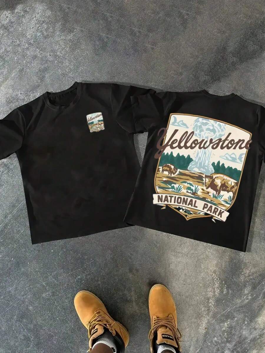 Yellowstone National Park - Inspired T - Shirt In 220g Heavyweight 100% Cotton - Black - View 1