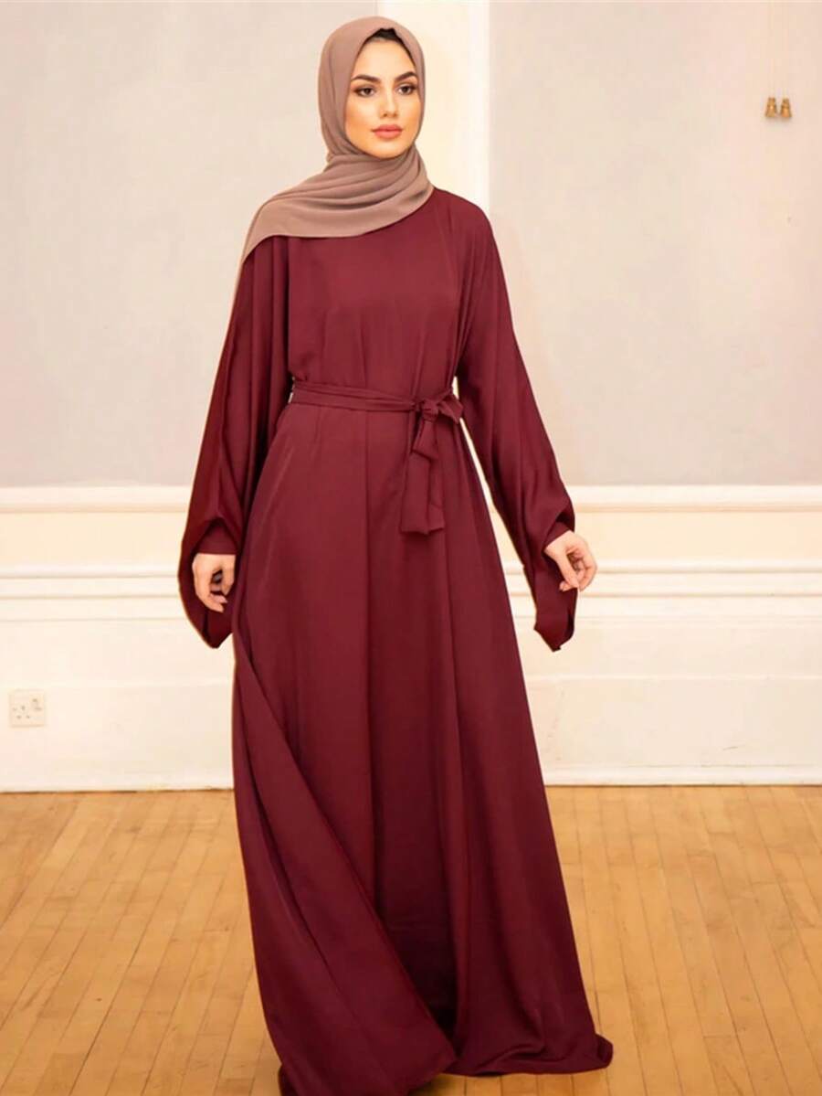 Vestido largo de abaya de tela tejida con mangas largas, detalle de lazo con cinturón en la espalda, cuello redondo y mangas con volantes, vestido árabe largo