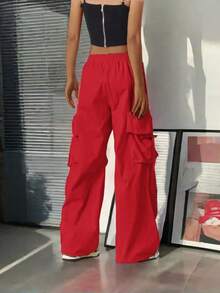 街头高腰翻盖口袋抽绳腰部弹性下摆褶饰休闲阔腿降落伞工装裤 Y2K 音乐节