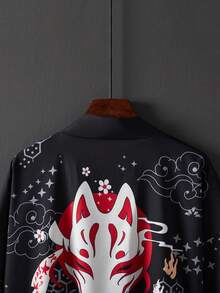 Japanese Style Vintage Loose 3/4 Sleeve Printed Kimono Cover Up, Summer Beach Vacation Swimwear Cover-Up, Lightweight Outerwear - Black - View 5