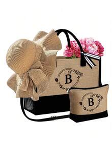 3pcs/Set Women'S Beach Tote Bag With Shoulder Straps,With Women'S Beach Hat And A Makeup Bag,Letter A-Z Beach Accessories Bag,Personalized Gift Bag With Side Pockets, Beach Bag With Scarf, Women'S Khaki Wave Beach Sun Hat - Khaki - View 18