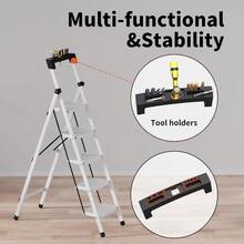 JOISCOPE 5 Step Ladder With Handrail And Tool Stand 180 KG Load Capacity Folding Step For Adults Sturdy And Lightweight Folding Stool Anti-Slip Pedals Folding Ladder For Home Kitchen White Ladder - White1 - View 2