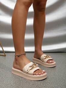 Ladies' Fashion Thick Sole Slip-On Slippers With Golden Buttons, Minimalist & Practical - Beige - View 4