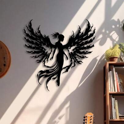 HELLOYOUNG Elegant Black Angel Metal Wall Art, Measuring 15.7 Inches By 15.7 Inches. It Serves As Minimalist And Luxurious Decoration For Homes And Offices. This Indoor/Outdoor Iron Painting