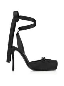 Nuevos zapatos de tacón alto, elegantes y de moda, con punta cuadrada, correa de tobillo, lazo de satén, punteras tipo ballet y suela negra para damas en primavera