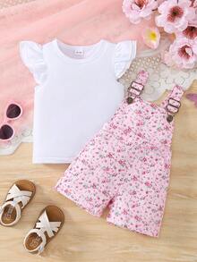 2 件套女婴夏季纯色圆领双层荷叶边盖袖 T 恤 + 花卉印花可调节肩带连体裤短裤套装