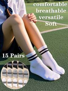15 Pairs Kids' Socks - Classic Black White Gray Striped Crew Socks For Boys & Girls, Soft Comfortable School Socks, Teen Athletic Socks For Sports, Daily Wear, Back To School Essentials , Organic, Boneless Socks Quarter Socks - Multicolor - View 9