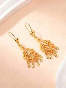 Dubai Fashionable Women's Hollow Flower Plated Gold Middle Eastern New Year Wedding Tassel Earrings, Gift For Party