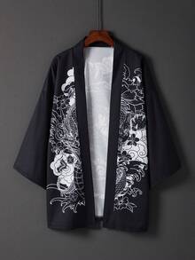 Chinese Style Retro Improved Hanfu Dragon Robe Print Cover Up, Loose Beach Cover Up Kimono Robe For Summer - Black - View 2