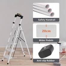 JOISCOPE 5 Step Ladder With Handrail And Tool Stand 180 KG Load Capacity Folding Step For Adults Sturdy And Lightweight Folding Stool Anti-Slip Pedals Folding Ladder For Home Kitchen White Ladder - White1 - View 4