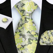 3 Piece Set: 8cm Floral & Patterned Necktie, Handkerchief, And Cufflinks Men's Necktie Set, High Quality Classic Business & Casual Tie Set, Men's Wedding Accessories, Family, Christmas, Party Gift