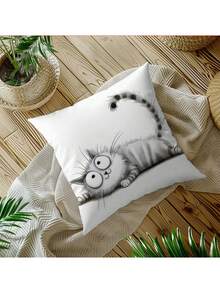 New Black And White Abstract Cute Lines Cat Cat Polyester Short Plush Sofa Cushion Cover 4 (No Pillow Core)