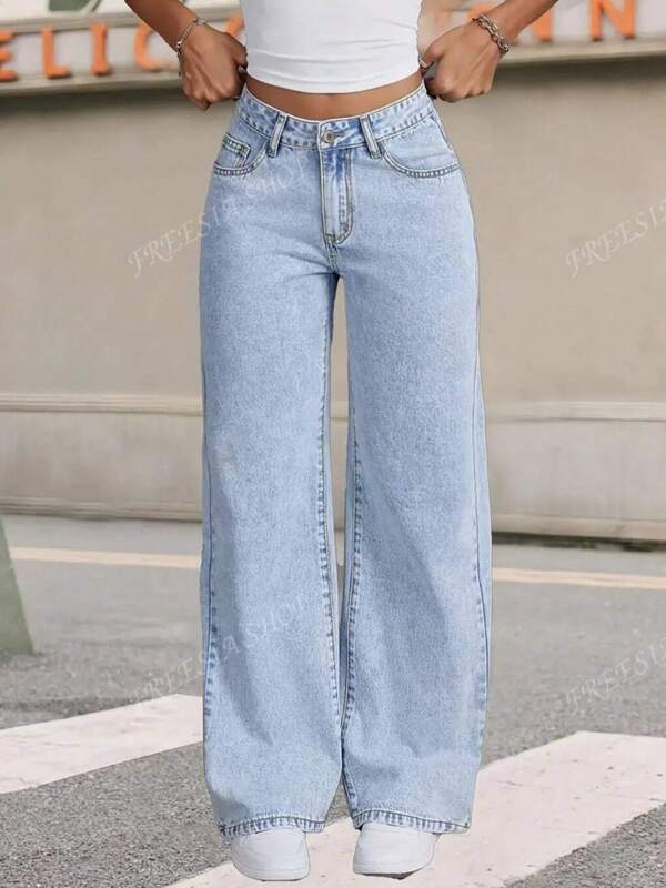 Pantalones Anchos de Denim Azul Elegantes para Mujer Hansuman - Cintura Alta, Corte Recto con Bolsillos Diagonales, Mezcla, Lavables a Máquina, Estilo para Todas las Estaciones