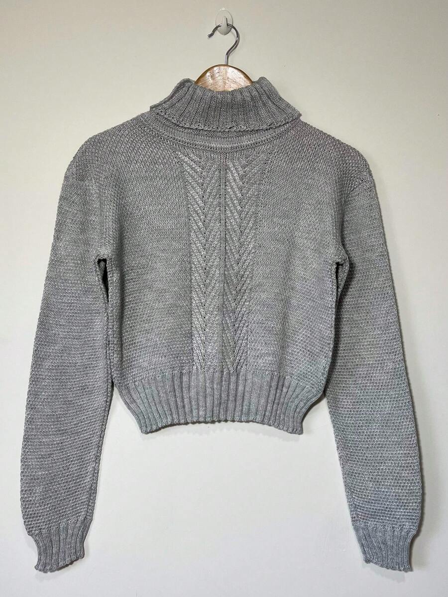 Women's Cacharrel Knitted Crop Top With Long Sleeves And Weaves, Cold Weather Blouse. - 灰色 - 查看 1