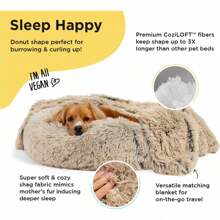 Bundle Set The Original Calming Shag Donut Cuddler Cat And Dog Bed + Pet Throw Blanket Taupe Small 23"