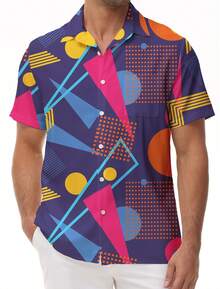80s Costume 90s Clothes Hawaiian Shirt For Men Button Down Shirts Short Sleeve Retro Disco Outfits - Blue - View 5