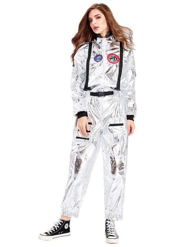 Disfraz de Astronauta para Mujer, Traje Espacial Brillante de Adulto, Disfraz de Cosmonauta de Halloween