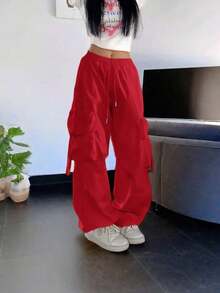 街头高腰翻盖口袋抽绳腰部弹性下摆褶饰休闲阔腿降落伞工装裤 Y2K 音乐节