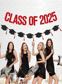 1 Set Glitter Pink & Black 2025 Graduation Congratulations Banner, Paired With Graduation Cap Hanging Flag Decorations, Suitable For Graduation Ceremony And Party Decoration