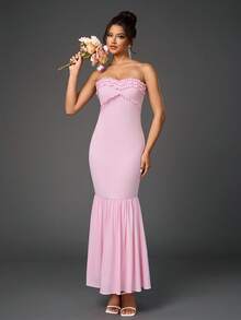 PARTHEA Backless Smocking Tube Ruffles Trim Bodycon Ruched Elegant Formal Evening Gowns(Zipper,Sexy), Party Dress, For Cocktail - Pink - View 5