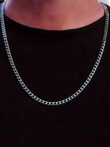 1pc Fashion Men's Stainless Steel Cuban Chain Necklace Simple Design - 6mm Silver Links, Fashion Accessories Daily Wear Necklace - A - View 5