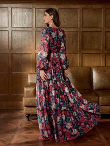 优雅 V 领灯笼袖花卉印花礼服花园派对礼服晚礼服、长袍、婚礼宾客礼服