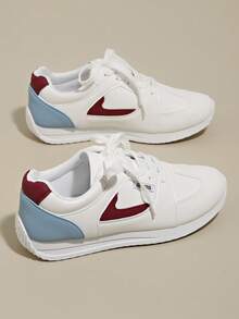 Women's Lace-Up Non-Slip Flat Casual Running Sneakers, Spring/Autumn, Plus Size 35-43, White Leather, Suitable For Hiking, Dancing, Gym, Casual Sports - Red - View 1