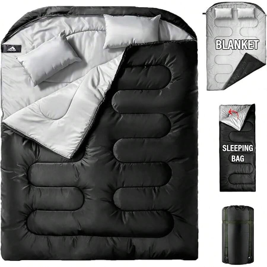 Sleeping Bags XL For Mens Double Sleeping Bag Adult Wide Sleeping Bag For Camping Big And Tall Sleeping Bags Large 2 Person Sleeping Bag King Size Warm Cold Weather - DOUBLE-bLACK - View 1
