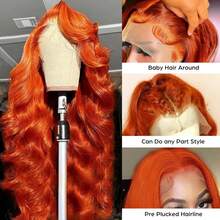 Orange Ginger Lace Front Wigs Human Hair Body Wave 13x4 HD Lace Frontal Wig Colored Brazilian Hair Wig 4x13 Transparent Lace 350# Wig - S350 - 查看 4