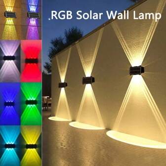 1PC 4/6/10 LED Solar Wall Lights Outdoor.Modern Black Square Up And Down Solar Sconce Lights Outdoor IP65 Waterproof,RGB/Warm Light,Outdoor Decorative Waterproof Lamps For Porch, Deck, Patio, Yard, Garden, Lenses Designed For Accent Lighting