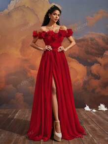 VIPGIRL Elegant Net Yarn Elegant Slit Maxi Off Shoulder Evening Gown Party Dress Wedding Guest Dress Formal Dress Evening Dress