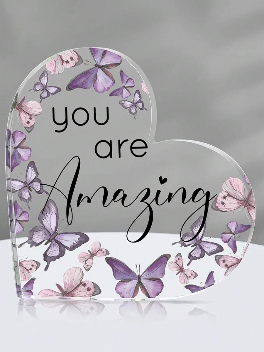 1 pieza Decoración de mariposa de acrílico motivacional "Eres increíble", adorno colgante de acrílico con forma de corazón y decoración de mariposa retro, ideal para regalar a mamás, hermanas, amigas - Accesorio de escritorio motivacional de Navidad y oficina - Adornos acrílicos - Ver 1